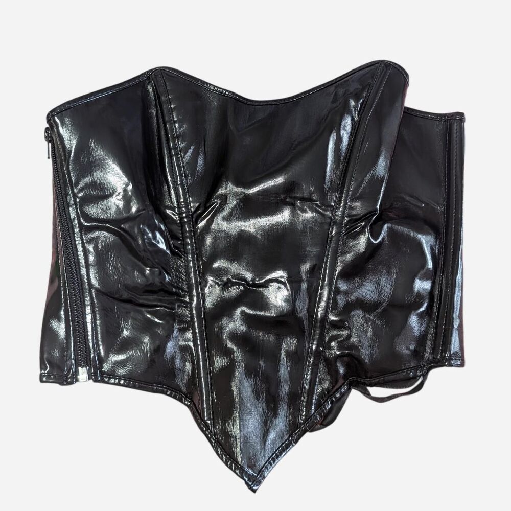 Black Shiny Faux Leather Corset Top V-Hem Bustier With Lace Up